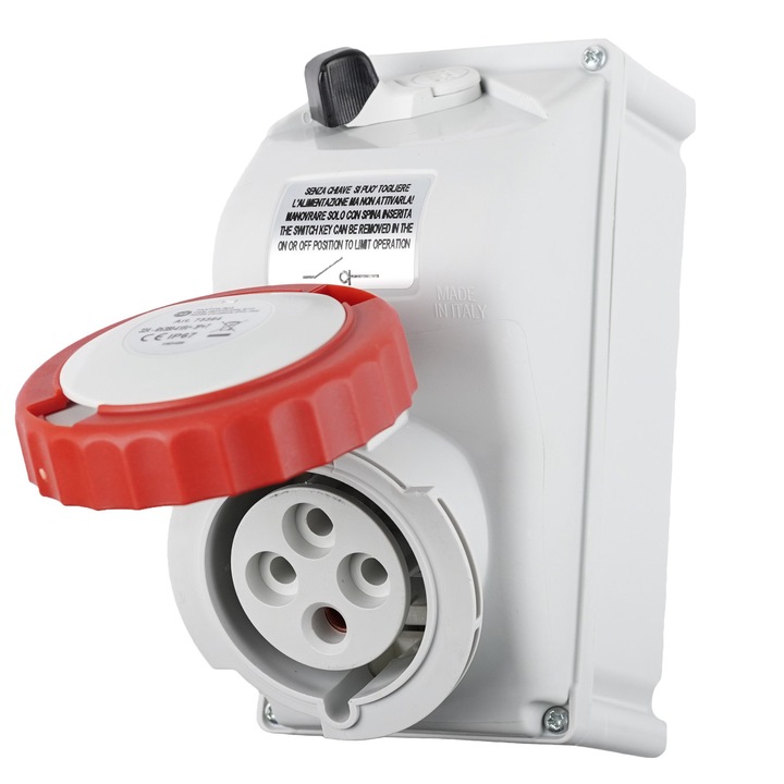 Priza Industriala de Perete, Interblocabila, 3P+E, 32A, 380-415V, 6h, IP67, Gri / Rosu, 90x180 mm, Fanton