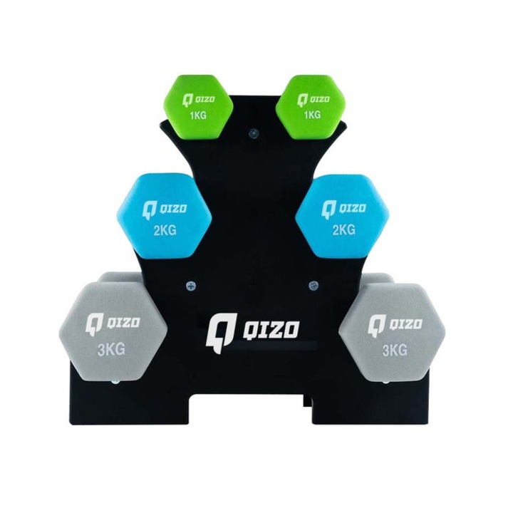 Gantere Qizo HKDBS401-2, metal cu invelis neopren, verde + albastru + gri, set 6 bucati 1 kg - 2 kg - 3 kg, cu suport