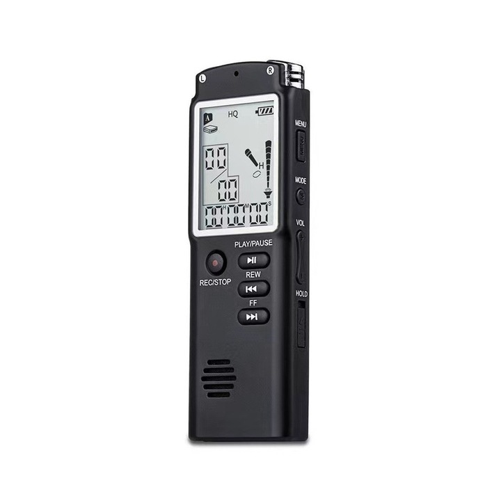 Quzu® Diktafon, digitális hangrögzítő, MP3 lejátszó, zajcsökkentés, ABS ház, 8GB, fekete