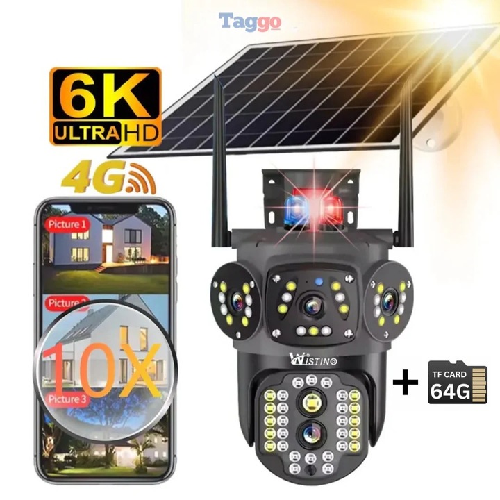 12 MP 4G kültéri megfigyelő kamera 10 W-os napelemmel, elemmel, 3x4 MP többlencse, 10x optikai zoom, 12xIR LED + 12x fehér LED, IP66