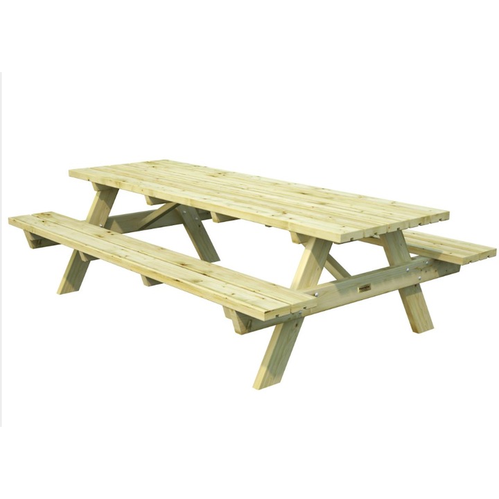 Set mobilier de gradina compus dintr-o masa de picnic si 2 bancute din lemn de molid nordic tratat la autoclav VPI(Vacuum Pressure Impregnation), culoare verde, dimensiuni 299x 161x h 72cm