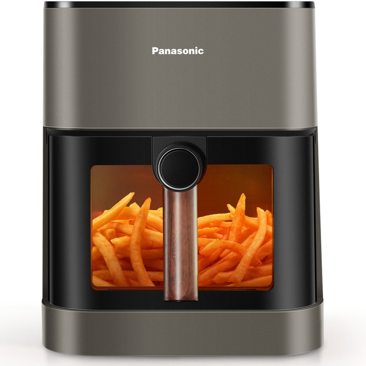 Friteuza cu aer cald Panasonic NF-CC500NXE, 1450W, functie abur, fereastra vizualizare, debit aer 360°, capacitate 5L, temperatura 80° - 200°, 11 programe presetate, gri-olive