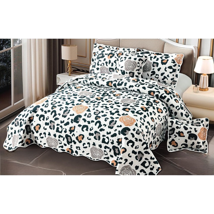 Set Cuvertura Matlasata CHIRASO, din Bumbac Finet, pentru pat dublu, 5 piese, Cuvertura 230 x 250 cm, 2 fete de perna 60 x 80 cm si 2 fete de perna 55 x 55 cm, cu imprimeu animal print, alb-negru