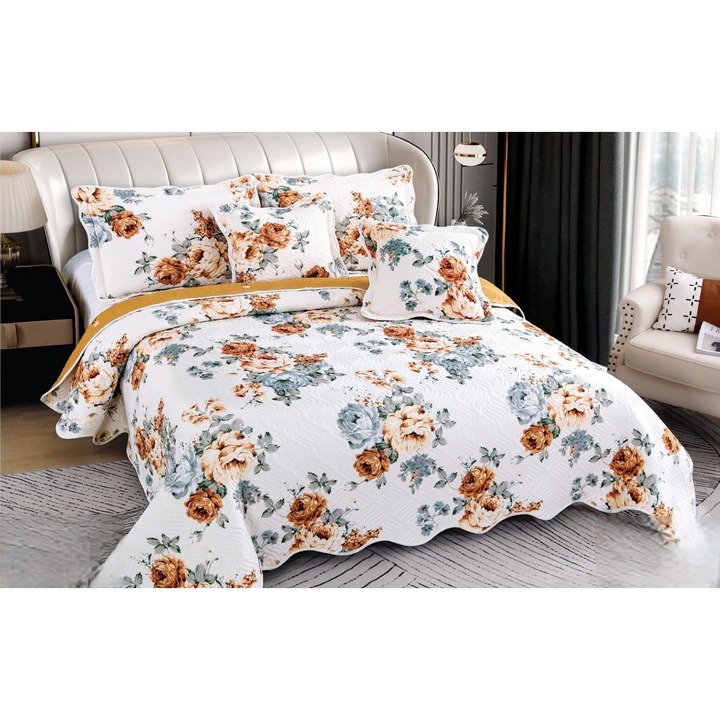 Set Cuvertura Matlasata CHIRASO, din Bumbac Finet, pentru pat dublu, 5 piese: Cuvertura 230 x 250 cm, 2 fete de perna 60 x 80 cm si 2 fete de perna 55 x 55 cm, cu imprimeu flori, alb-gri deschis-maro