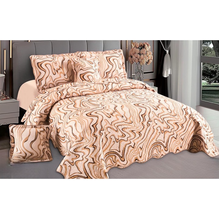 Set Cuvertura Matlasata CHIRASO, din Bumbac Finet, pentru pat dublu, 5 piese: Cuvertura 230 x 250 cm, 2 fete de perna 60 x 80 cm si 2 fete de perna 55 x 55 cm, cu imprimeu valuri, crem-maro deschis