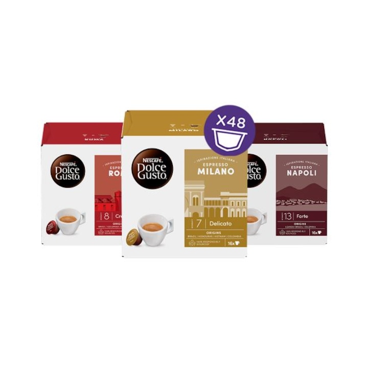Комплект 3 кутии, Dolce Gusto, три вкуса - Milano, Roma, Napoli, 48 капсули