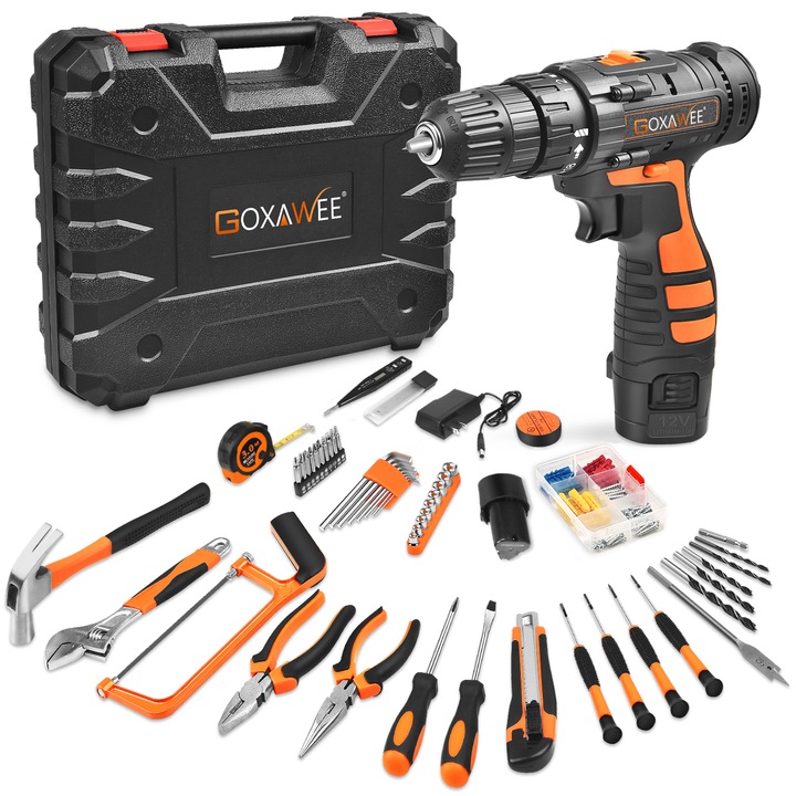 Комплект инструменти, Goxawee, G5259, 112 части, с електрическа бормашина, отвертки, клещи, чук, разтегателен ключ, бормашини и др., хромирана стомана, за домашни и „Направи си сам“ ремонти, пластмасова кутия, черно/оранжево