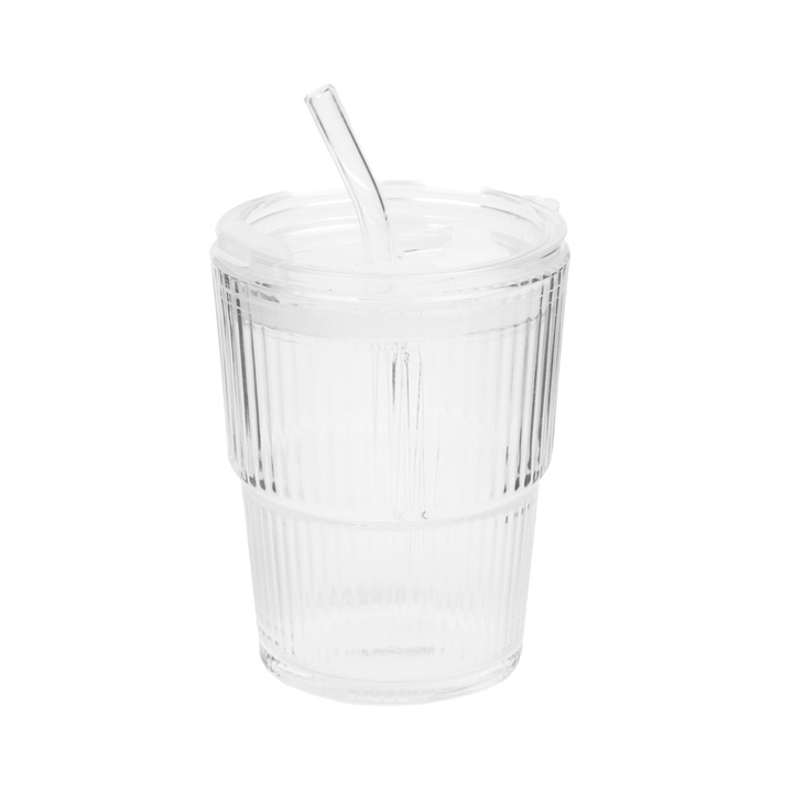 Pahar cu capac si pai, Homla, 400 ml, sticla, transparent