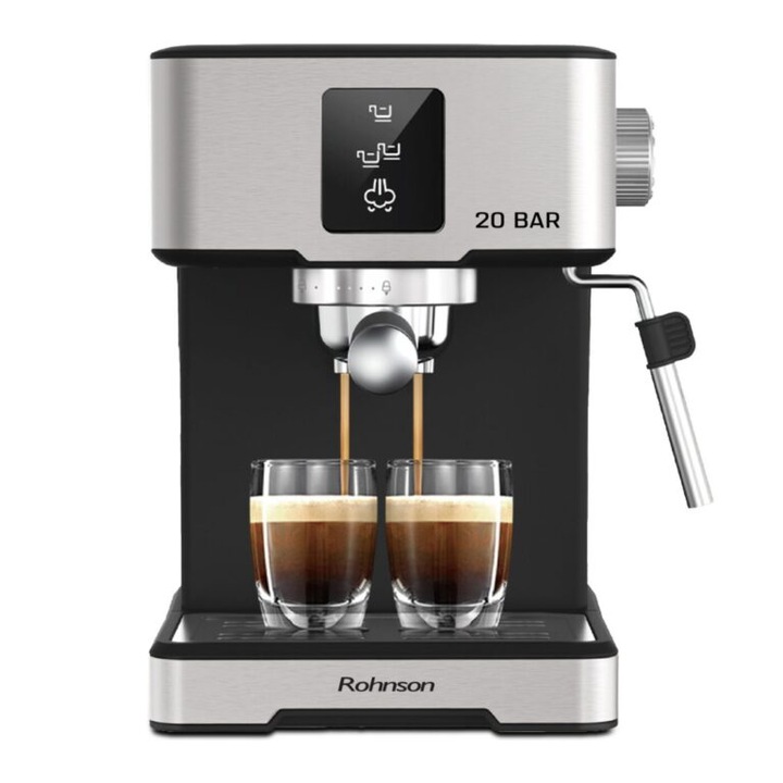 Espressor manual Rohnson R98024, 20 bari, 1400 W, 1.7 L, oprire automata, protectie impotriva supraincalzirii si suprapresiunii, incalzire ceasca
