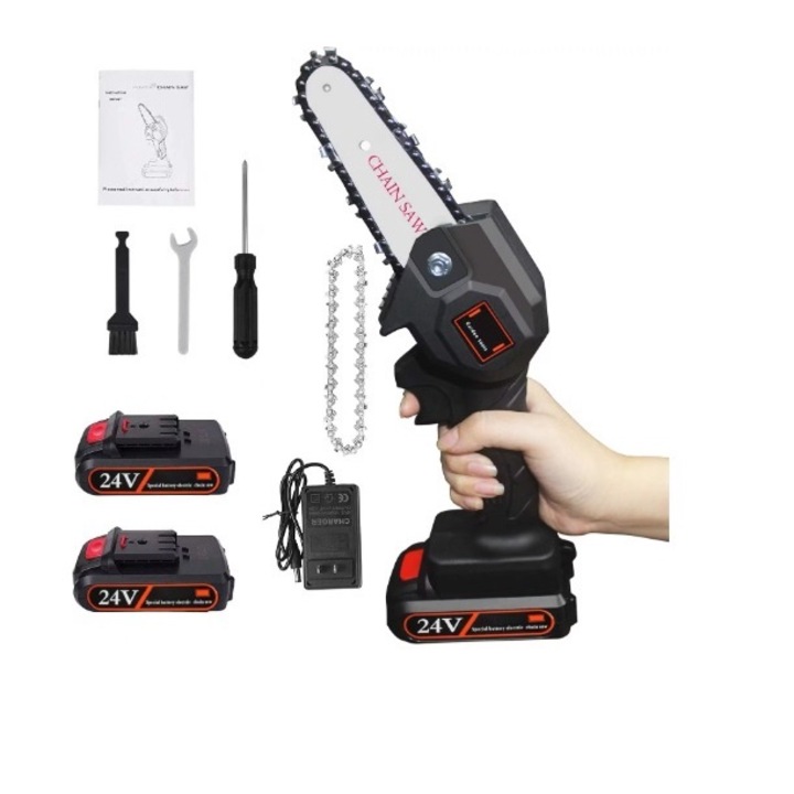 Mini Fierastrau Electric RED RUDOLF® de 4 inch 750W, 2 x Acumulator 24V, 1 x Lama 4 Inch, 1 x Lant, 5000mAh, Rama Ajustabila, Accesorii, Valiza Inclusa, Negru