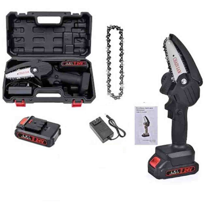 Mini Fierastrau Electric RED RUDOLF ® de 6 inch 750W, 1 x Acumulator 24V, 1 x Lama 4 Inch, 1 x Lant, 5000mAh, Rama Ajustabila, Accesorii, Valiza Inclusa, Negru