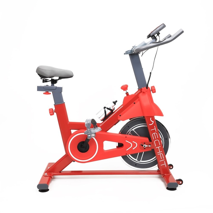 Велоергометър TECHFIT SBK800R Червен, 8 кг инерционна система с маховик, 120 кг тегло на потребителя, държач за телефон/таблет, държач и бутилка за вода са включени, предаване на главината: 3-„pc-crank“