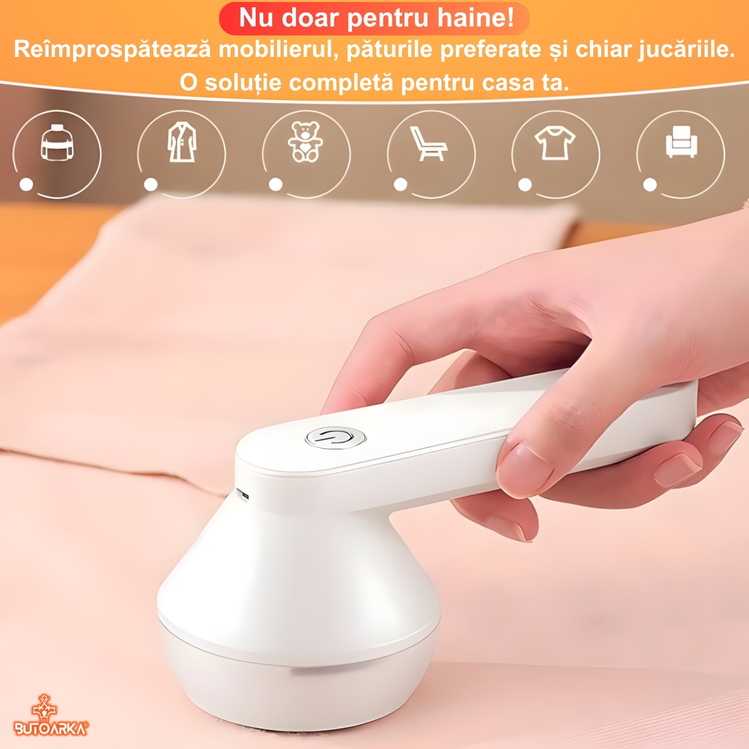 Aparat de curatat scame portabil Butoarka® cu Acumulator 1200mAh si 6 lame rotative din Inox, Putere 8W, Incarcare prin USB, Potrivit pentru toate tipurile de haine, Alb