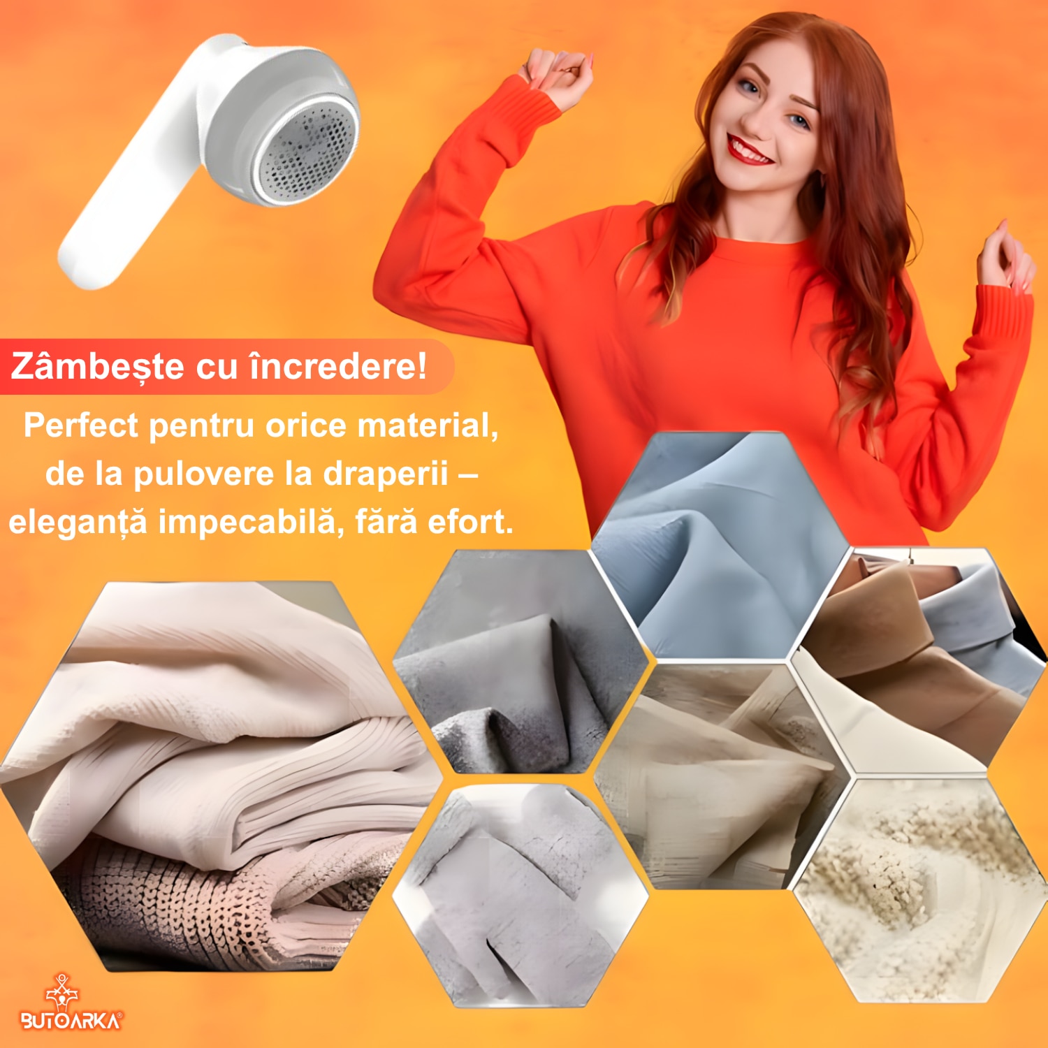 Aparat de curatat scame portabil Butoarka® cu Acumulator 1200mAh si 6 lame rotative din Inox, Putere 8W, Incarcare prin USB, Potrivit pentru toate tipurile de haine, Alb