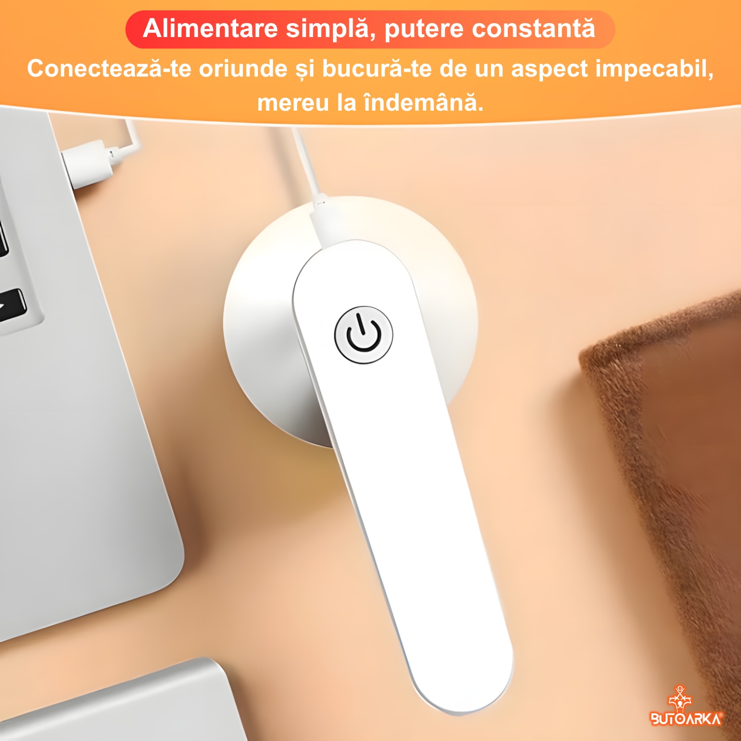 Aparat de curatat scame portabil Butoarka® cu Acumulator 1200mAh si 6 lame rotative din Inox, Putere 8W, Incarcare prin USB, Potrivit pentru toate tipurile de haine, Alb