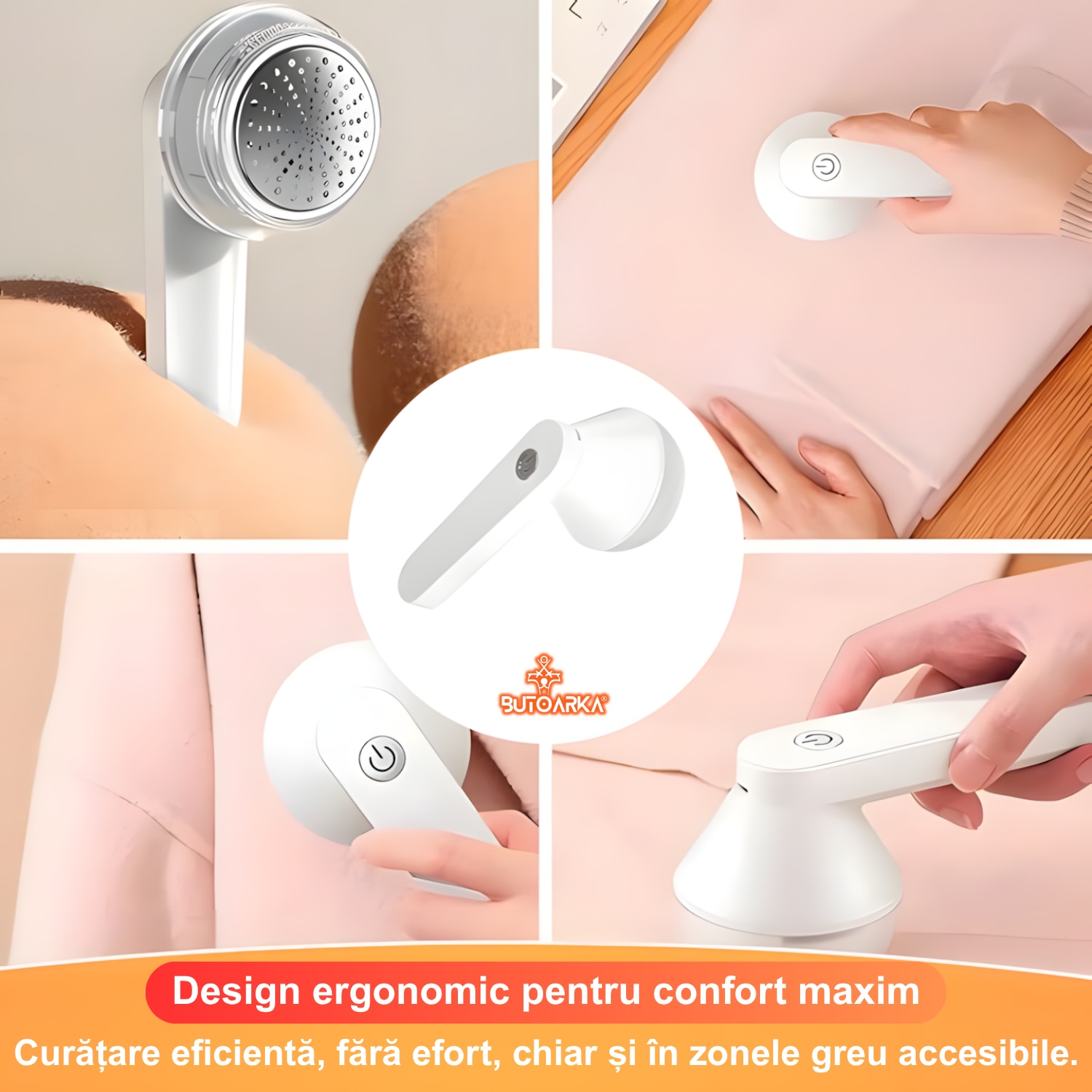 Aparat de curatat scame portabil Butoarka® cu Acumulator 1200mAh si 6 lame rotative din Inox, Putere 8W, Incarcare prin USB, Potrivit pentru toate tipurile de haine, Alb