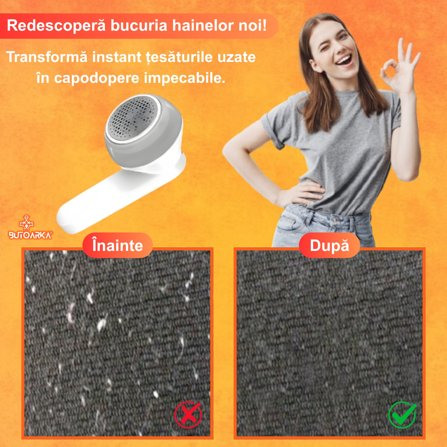 Aparat de curatat scame portabil Butoarka® cu Acumulator 1200mAh si 6 lame rotative din Inox, Putere 8W, Incarcare prin USB, Potrivit pentru toate tipurile de haine, Alb