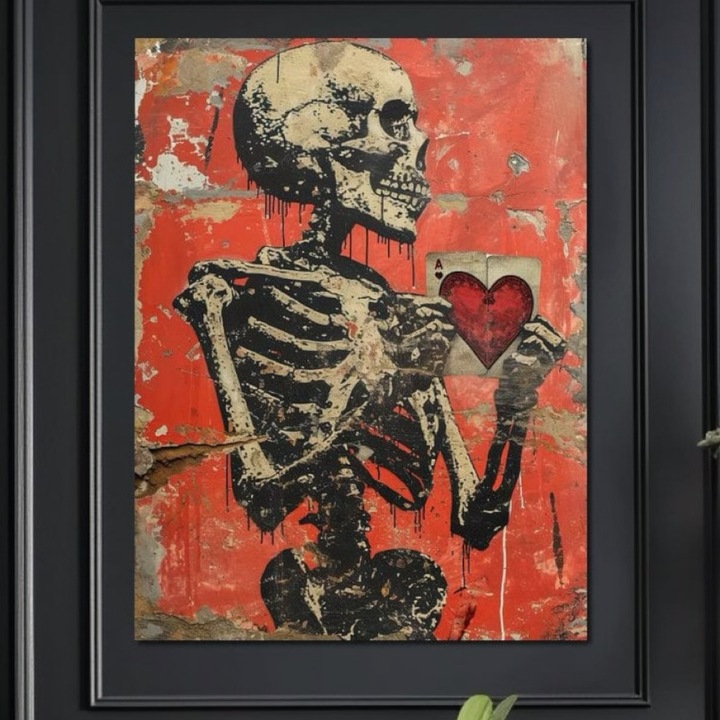 Премиум картина върху платно, LuxCanva® E1051, Безсмъртният ас на сърцата, 100 X 135 см, 100% памучно платно 400 г/м2, дървена рамка, Любов, Вечен, Трансцендентност, Вечност, Скелет, Хол, Ярки цветове