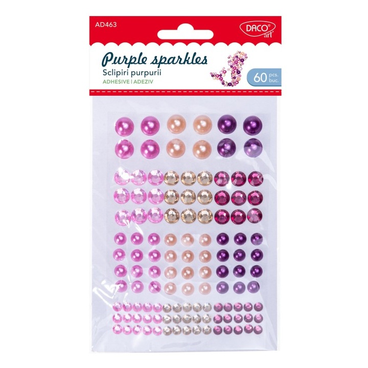 Set accesorii craft 60 bucati, Daco, Sclipiri purpurii, Plastic autoadeziv, Dimensiuni variabile, Multicolor