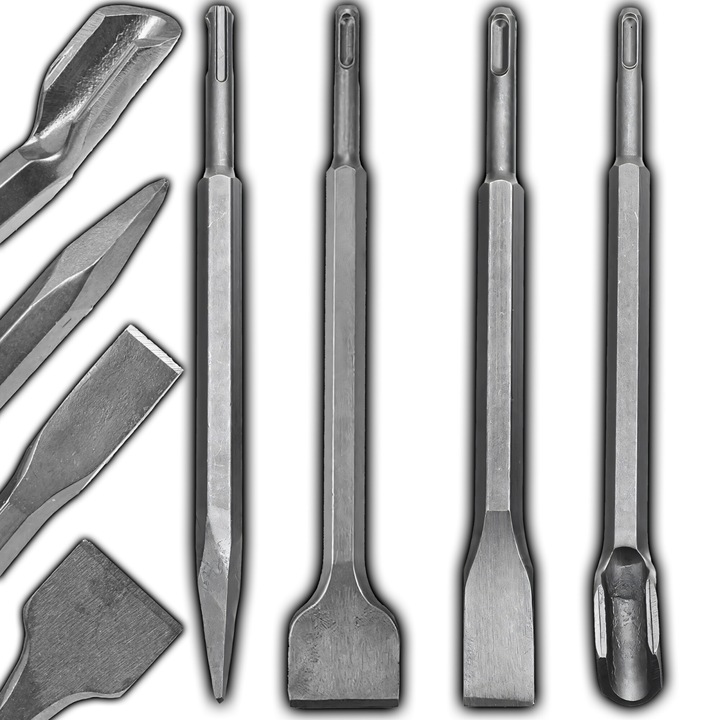 Set 4 Dalti pentru Beton SDS-Plus din Otel de Inalta Calitate, RETOO FixIt, Include Dalta Lata 25x2cm, Dalta Lata 25x4cm, Bruzduitor 25x2cm si Dalta Punctiforma Ascutita 25x1cm, Rezistente la Deformare