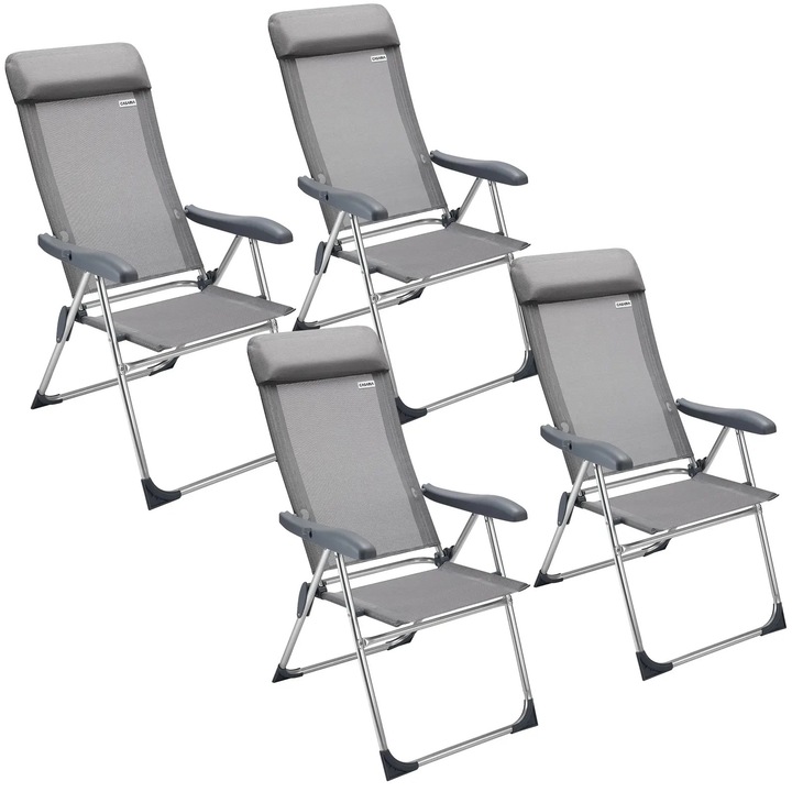 Set 4 scaune din aluminiu de gradina, Casaria, spatar reglabil, pliabil, tetiera detasabila, Argintiu