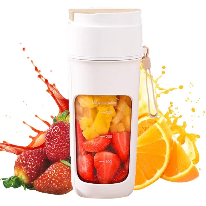 Преносим блендер KILDY PRO™, 340 ml, 10 3D остриета, 55 W, 18 000 RPM, USB-C акумулаторна батерия, силиконова защита, многофункционален, самопочистващ се, смути, млечен шейк, фреш, зеленчуци и плодове + 3 безплатни аксесоара, бяло с оранжево