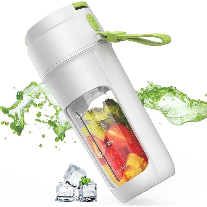 Портативен блендер KILDY PRO™, 340 ml, 10 3D остриета, 55 W, 18 000 RPM, USB-C акумулаторна батерия, силиконова защита, мултифункционален, самопочистващ се, смути, млечен шейк, фреш, зеленчуци и плодове + 3 аксесоара, бяло със зелено
