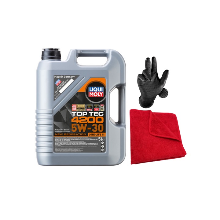 Set, Ulei motor Liqui Moly Top Tec 4200 5W30 5L, Laveta din Microfibra, Profesionala, 30x30 cm, 1 pereche manusi