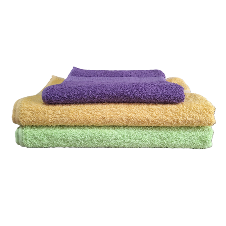 Set prosoape de baie, 3 piese, 1buc galben x 70x140 cm, 1buc verde x 70x140 cm, 1buc mov x 50x90 cm, Bumbac + Polyester + Vascoza