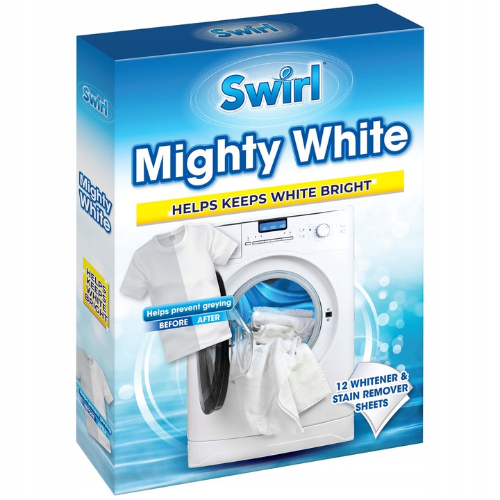Mosodai törlőkendő fehér ruhákhoz, Swirl, Mighty White, foltosodásgátló, 12 db