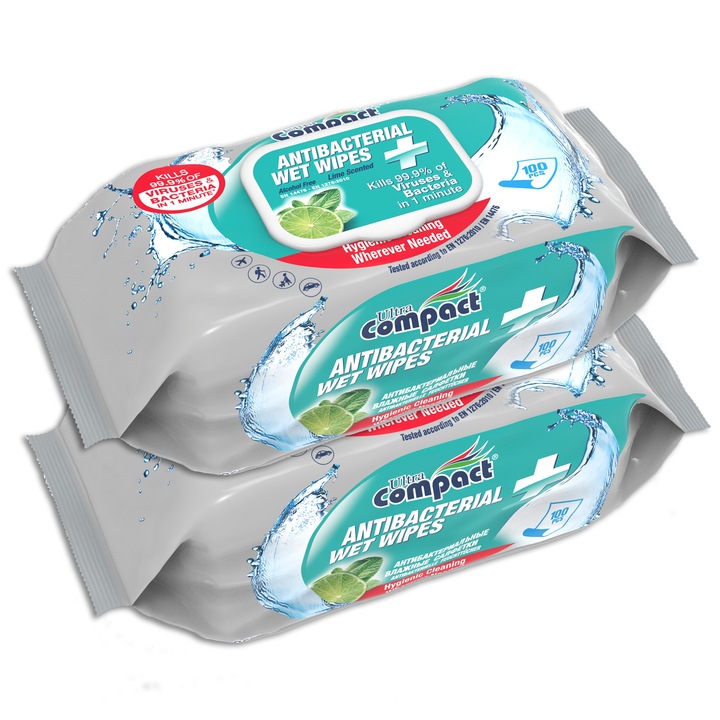 Servetele umede antibacterine pentru maini, 2 Pachete, Large 19x16cm, Grosime 45gsm, Ultra Compact, 200 buc