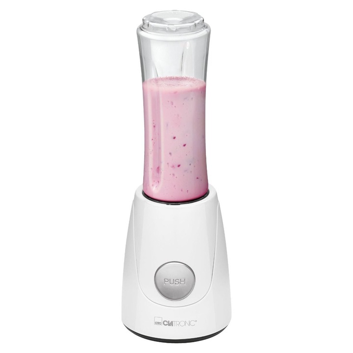 Clatronic Блендер, Smoothie Maker, 600 ml, 4 остриета от неръждаема стомана, компактен и мощен, To Go контейнер с капак, без BPA, нехлъзгаща се основа, може да се мие в съдомиялна машина, лесен за почистване, бял
