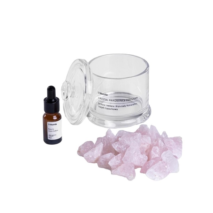 Set odorizant camera SERENITY, Rose & Linen Cotton, cristale naturale de cuart roz, recipient sticla cu capac, 210g + 10ml