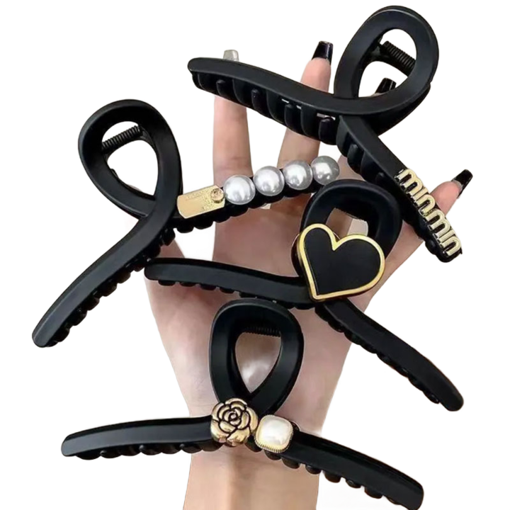 Set de 4 agrafe de par, decorate cu perle si pietre, 13cm, negru