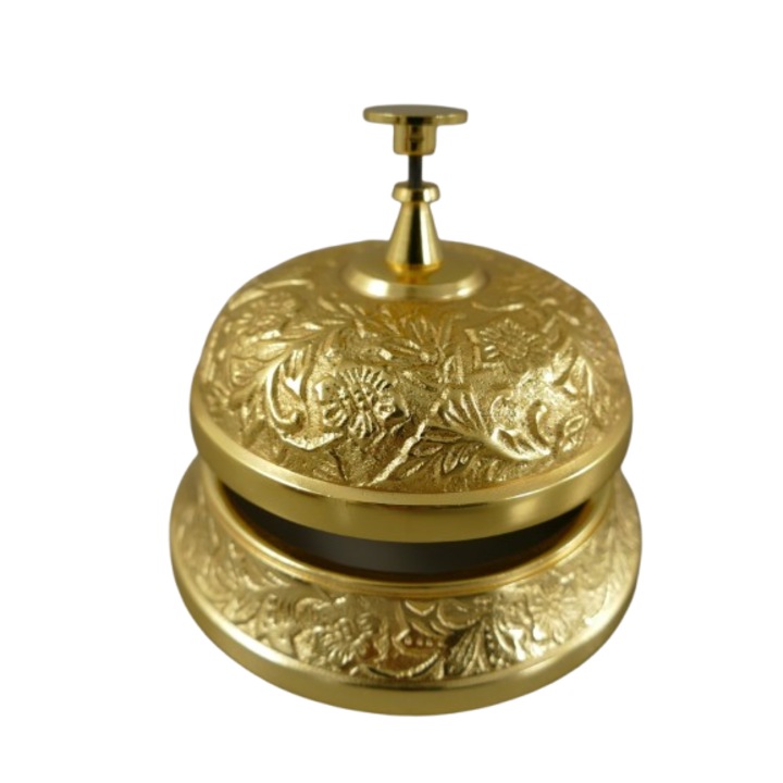 Clopotel de receptie elegant, din alama aurie gravata, H. 10, D. 12 cm