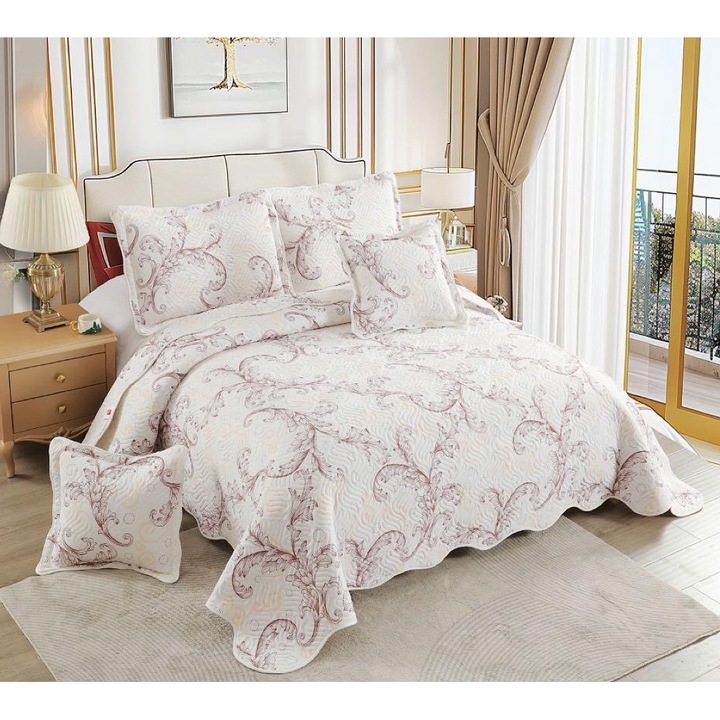 Set Cuvertura Matlasata CHIRASO, din Bumbac Finet, pentru pat dublu, 5 piese: Cuvertura 230 x 250 cm, 2 fete de perna 60 x 80 cm, 2 fete de perna 55 x 55 cm, cu imprimeu ramuri, bej