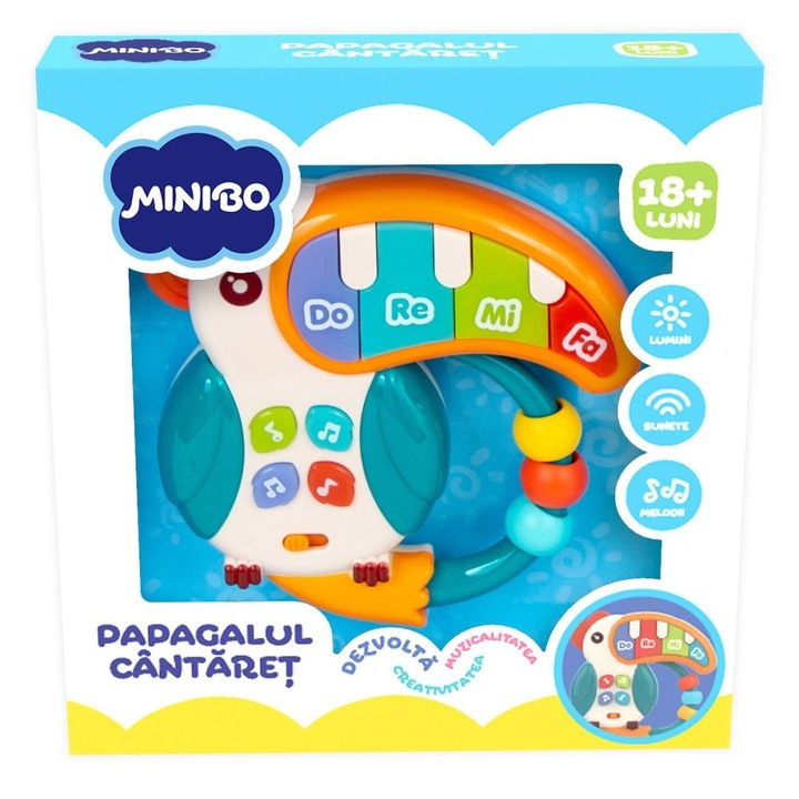 Zenés és interaktív játék, gyerekeknek, Éneklő papagáj, Minibo, Multicolor