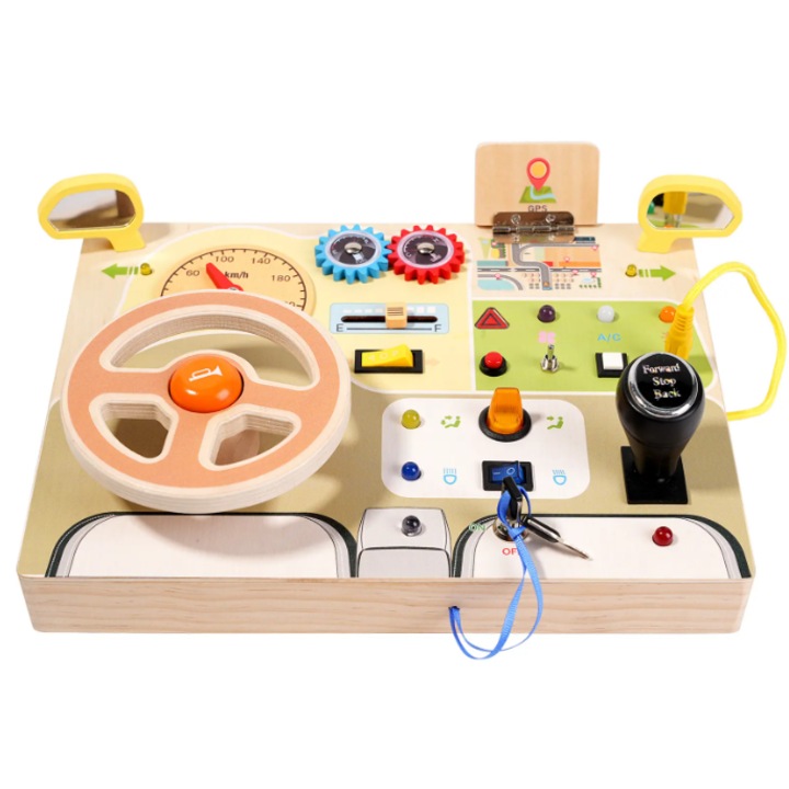 Placa busy board Montessori Ælements®, din lemn, Cu Volan, Schimbator, Butoane Senzoriale, Alfabet Multicolor Pe Spate, 30 x 22cm