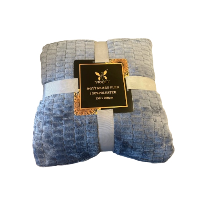 Plasa/patura de plus moale din poliester in ambalaj decorativ, 150 x 200 cm - albastru-gri