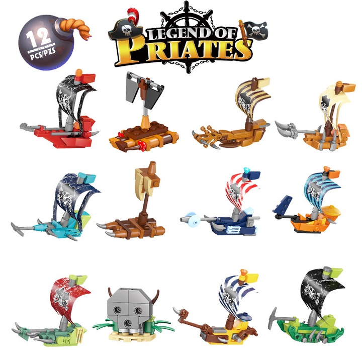 Set de constructie 12 in 1, nave pirati, 12 piese, culori variate, pentru copii 4+