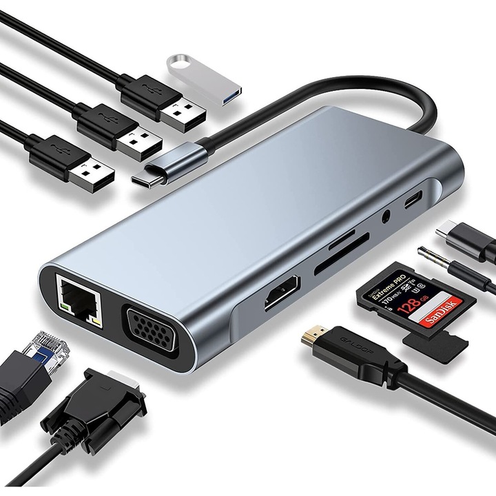 USB-C 11 в 1 докинг станция, 3x USB 3.0, 1x USB 2.0, 1x HDMI 4K, 1x VGA, 1x RJ45, сребрист, 120x55x16mm