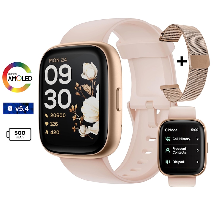 Дамски смарт часовник TechONE® Aero Track Pro, 1,83 инча SUPER AMOLED, Smart, ALEXA, Bluetooth v5.4 Call, HD, Multi Sport, Multi Point Heart Rate, SpO2, Oxygen, 2 каишки, IP68, Gold