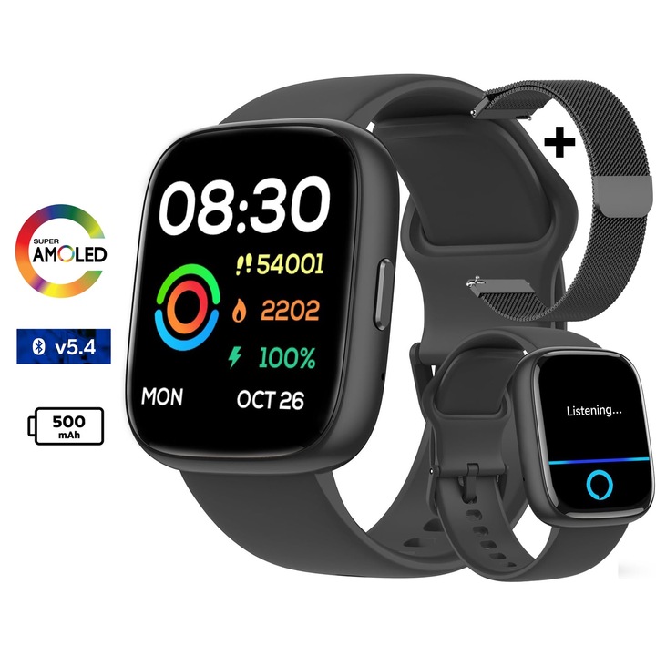 Мъжки смарт часовник TechONE® Aero Track, 1,83 инча SUPER AMOLED, Smart, ALEXA, Bluetooth v 5.4 Call, HD, Multi Sport, Multi Point Heart Rate, SpO2, кръвно налягане, кислород, 2 каишки, IP68, черен