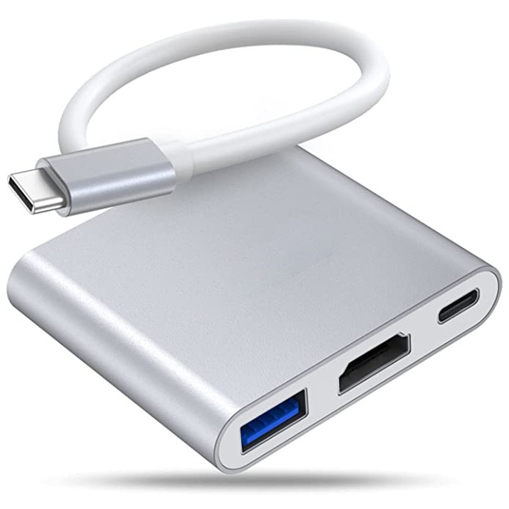 Adaptator USB-C la HDMI 3 in 1, 4K, 1x USB 3.0, 1x PD, Argintiu, 60x50x10mm
