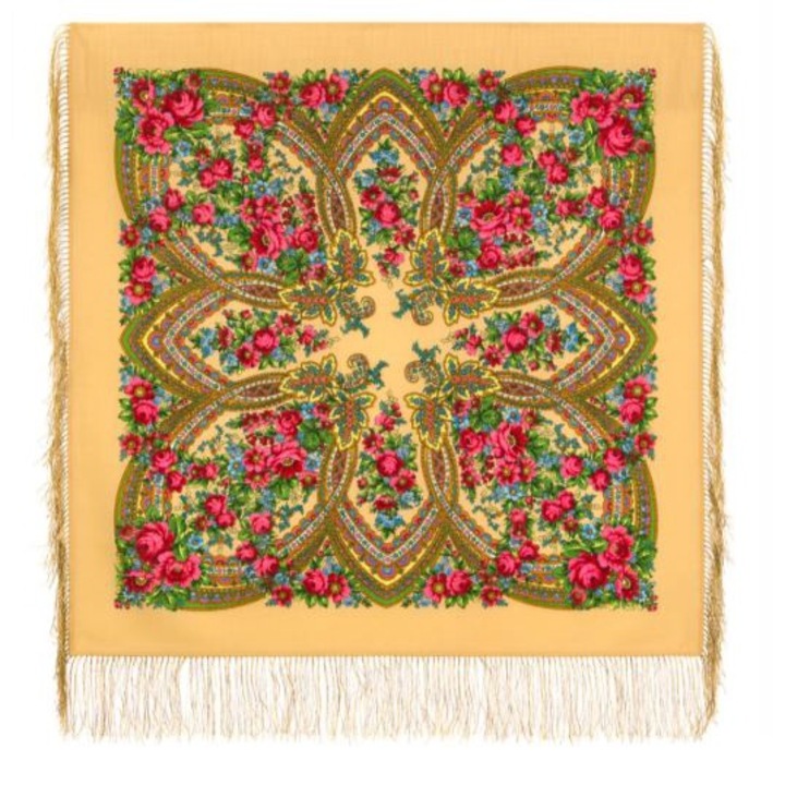 Esarfa de lana cu franjuri de matase „Spring Journey”, stil rusesc, tip "platki", ideal pentru a purta peste camasa sau ca esarfa eleganta, bej