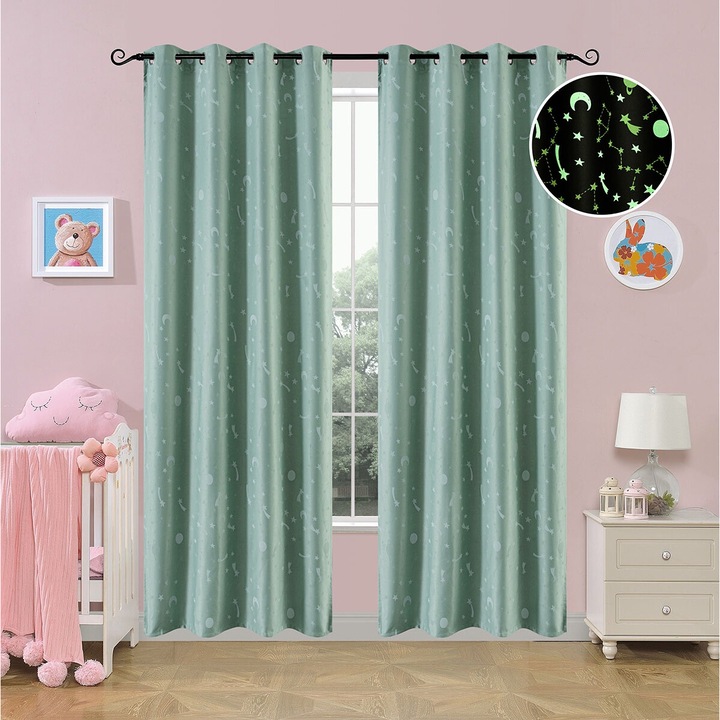 Perdea Beauty Home phosphorizanta cu 8 carlige, 140x260cm, culoare neagra, set