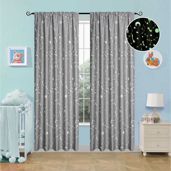 Perdea phosphorizanta Beauty Home 140x270cm, neagra, cu trese, set