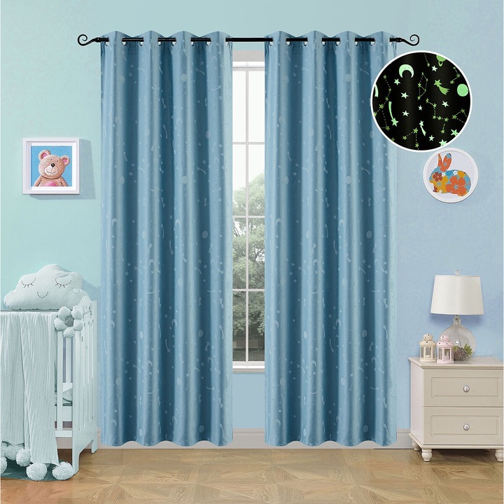 Perdea Beauty Home phosphorizanta 140x260cm, set cu 8 carlige, neagra