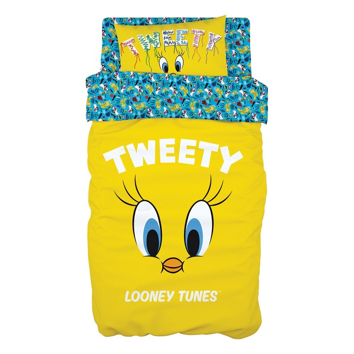 Set lenjerie de pat Beauty Home Art 6191 Tweety, Poliester/Bumbac, 160x240cm, 50x70cm, galben