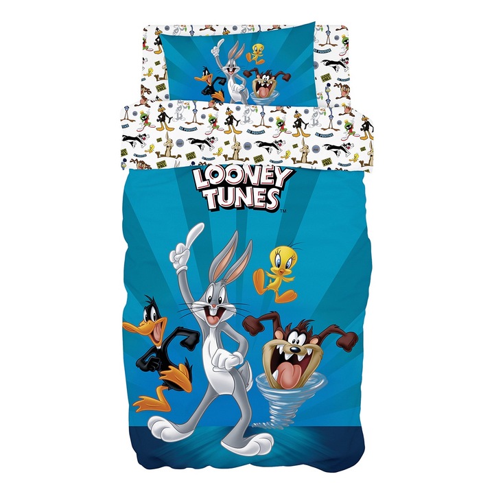 Set lenjerie de pat Beauty Home Looney Tunes Poliester/Bumbac, 160x240cm, 50x70cm, albastru